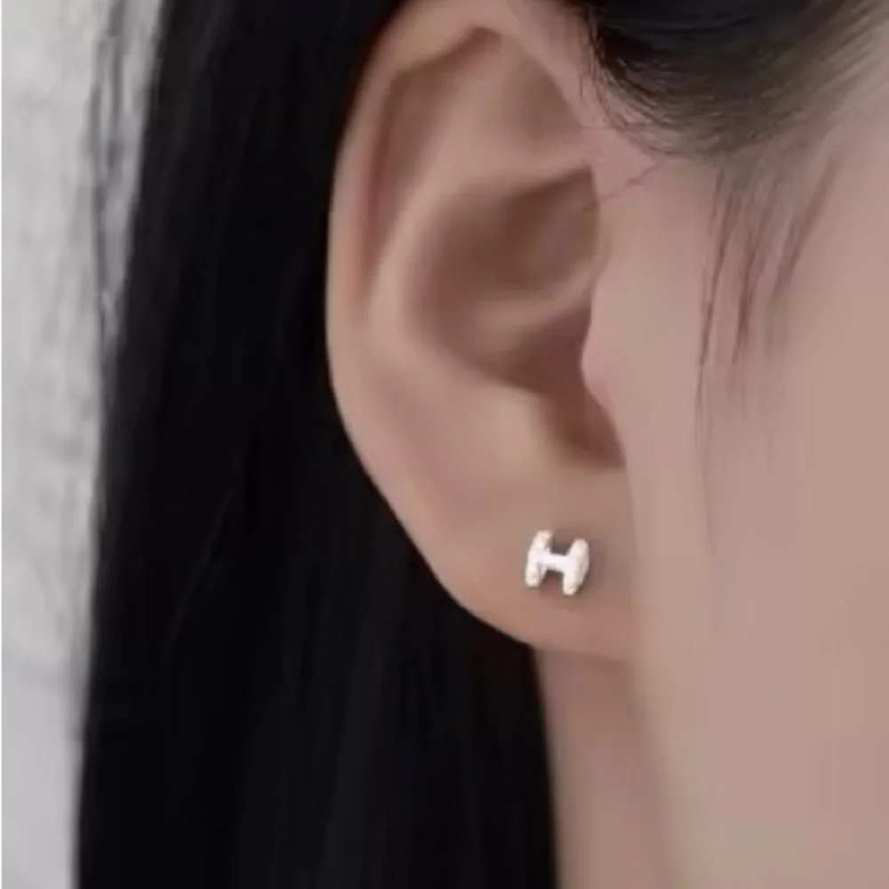 18K Gold Mini Pave Diamond Minimalist Letter H Shaped Earrings